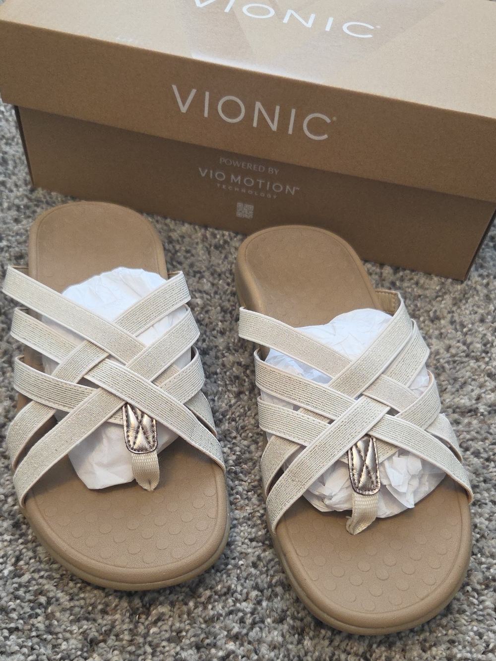 *NEW* Vionic Women's Beige/Tan Crisscross Stappy Slide Sandals